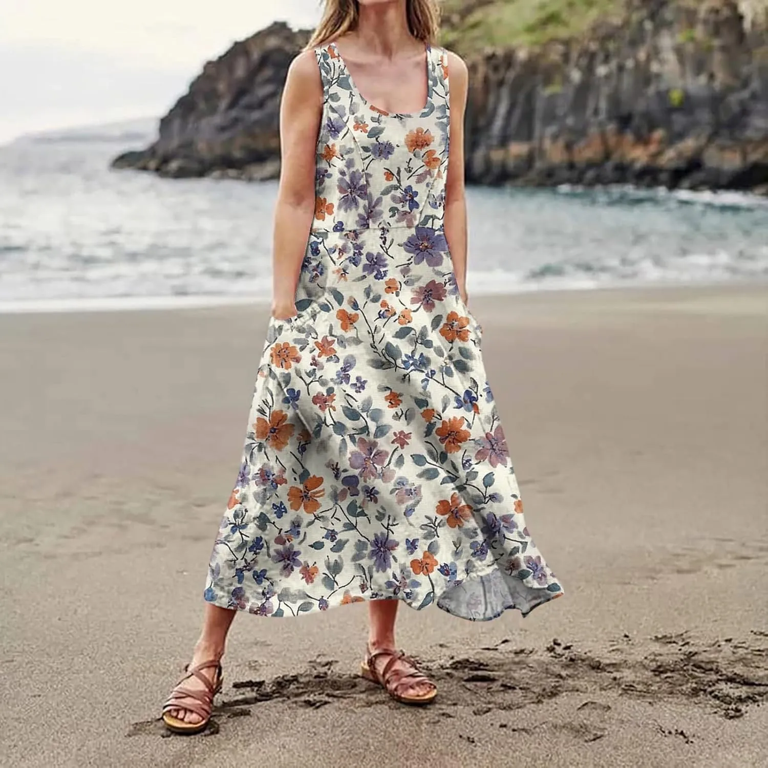 Summer Sundress for Women 2025 Sleeveless Casual Boho Linen Dresses Plus Size Maxi Tank Beach Dress with Pockets