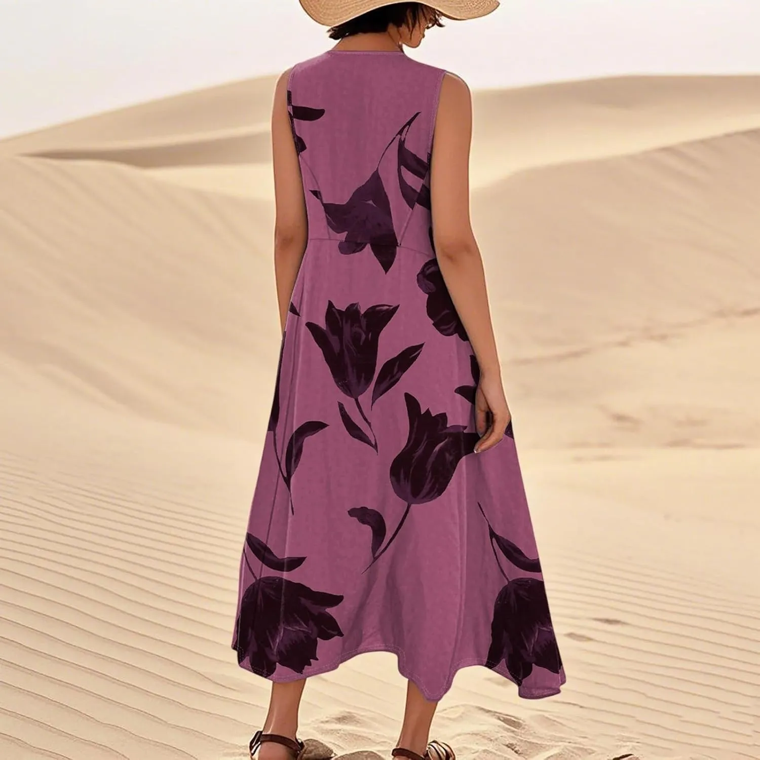 Summer Sundress for Women 2025 Sleeveless Casual Boho Linen Dresses Plus Size Maxi Tank Beach Dress with Pockets