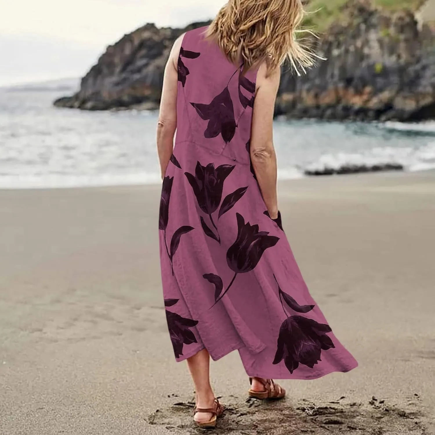 Summer Sundress for Women 2025 Sleeveless Casual Boho Linen Dresses Plus Size Maxi Tank Beach Dress with Pockets