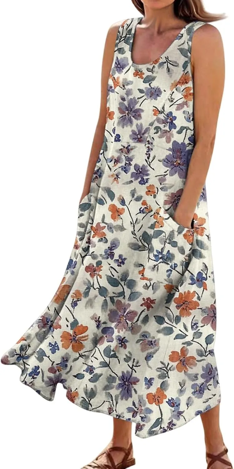 Summer Sundress for Women 2025 Sleeveless Casual Boho Linen Dresses Plus Size Maxi Tank Beach Dress with Pockets