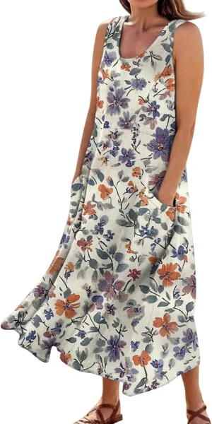 Summer Sundress for Women 2025 Sleeveless Casual Boho Linen Dresses Plus Size Maxi Tank Beach Dress with Pockets