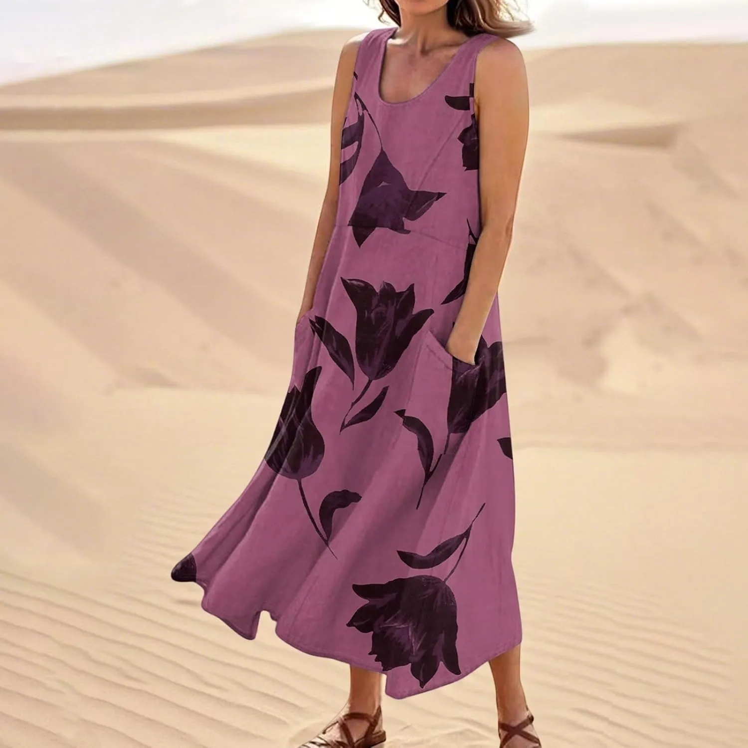 Summer Sundress for Women 2025 Sleeveless Casual Boho Linen Dresses Plus Size Maxi Tank Beach Dress with Pockets