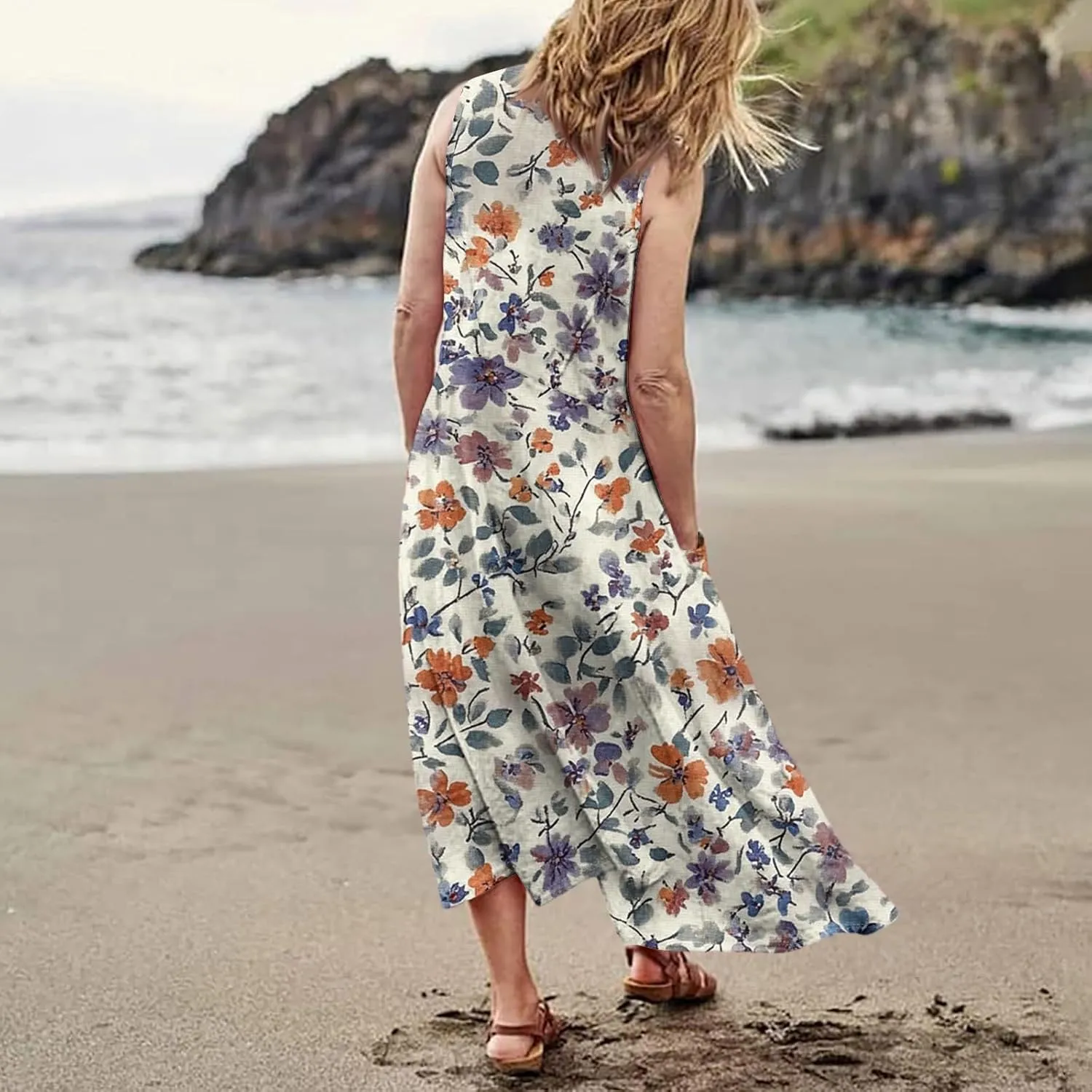 Summer Sundress for Women 2025 Sleeveless Casual Boho Linen Dresses Plus Size Maxi Tank Beach Dress with Pockets