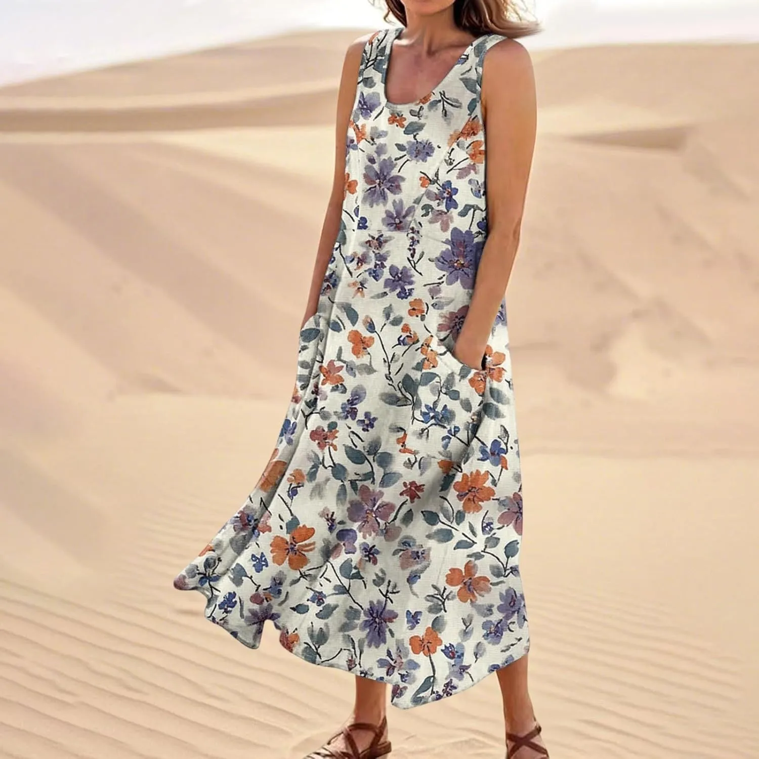 Summer Sundress for Women 2025 Sleeveless Casual Boho Linen Dresses Plus Size Maxi Tank Beach Dress with Pockets