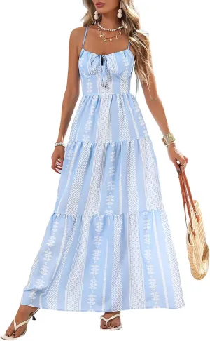 Summer Tropical Boho Sundress for Women Beach Vacation,Casual Spaghetti Strap Smocked Flowy Maxi Sun Dresses