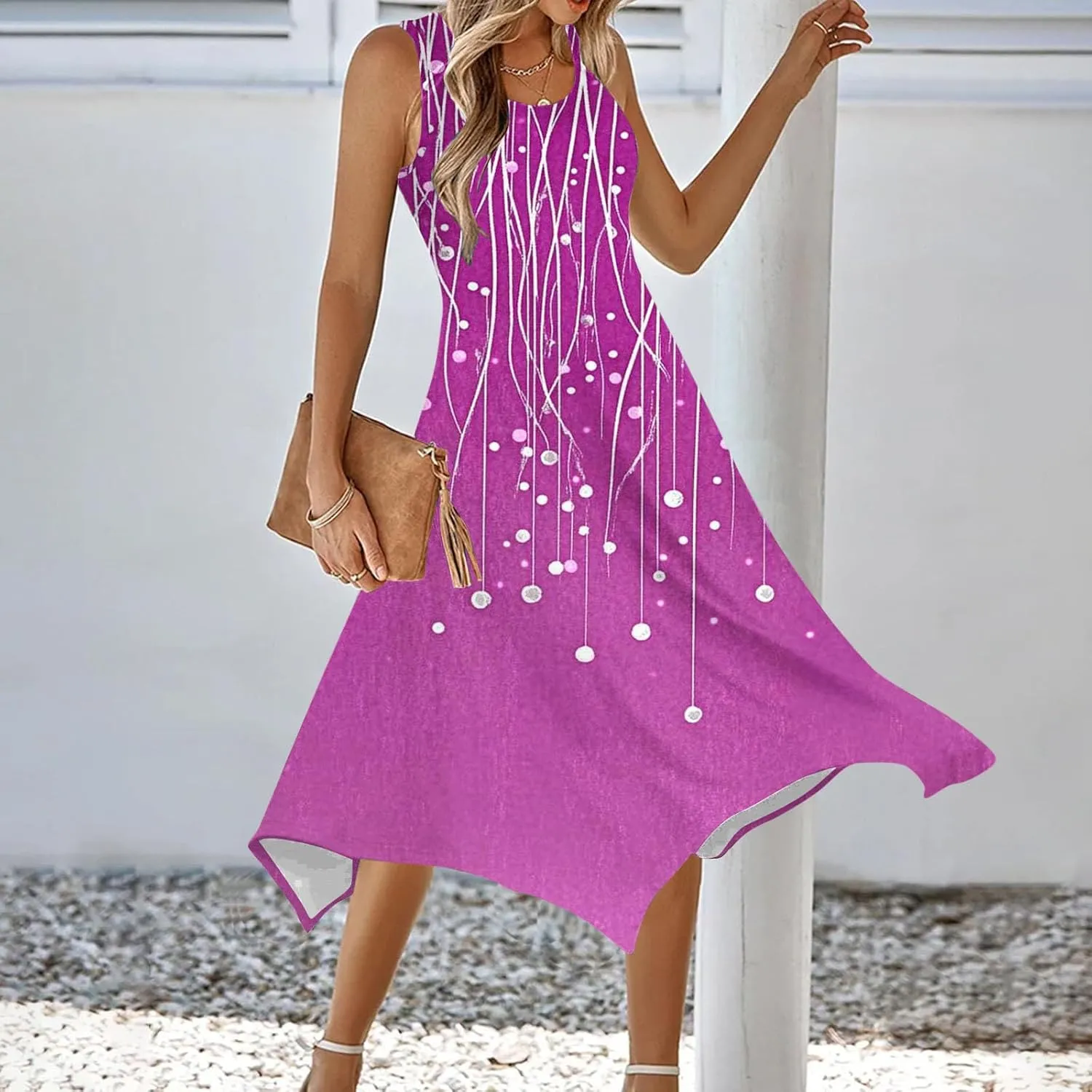 Summer Wedding Guest Dresses for Women Sleevless Floral Loose Dress Ruffle Hem V Neck Dress Holiday Vacation Outfits