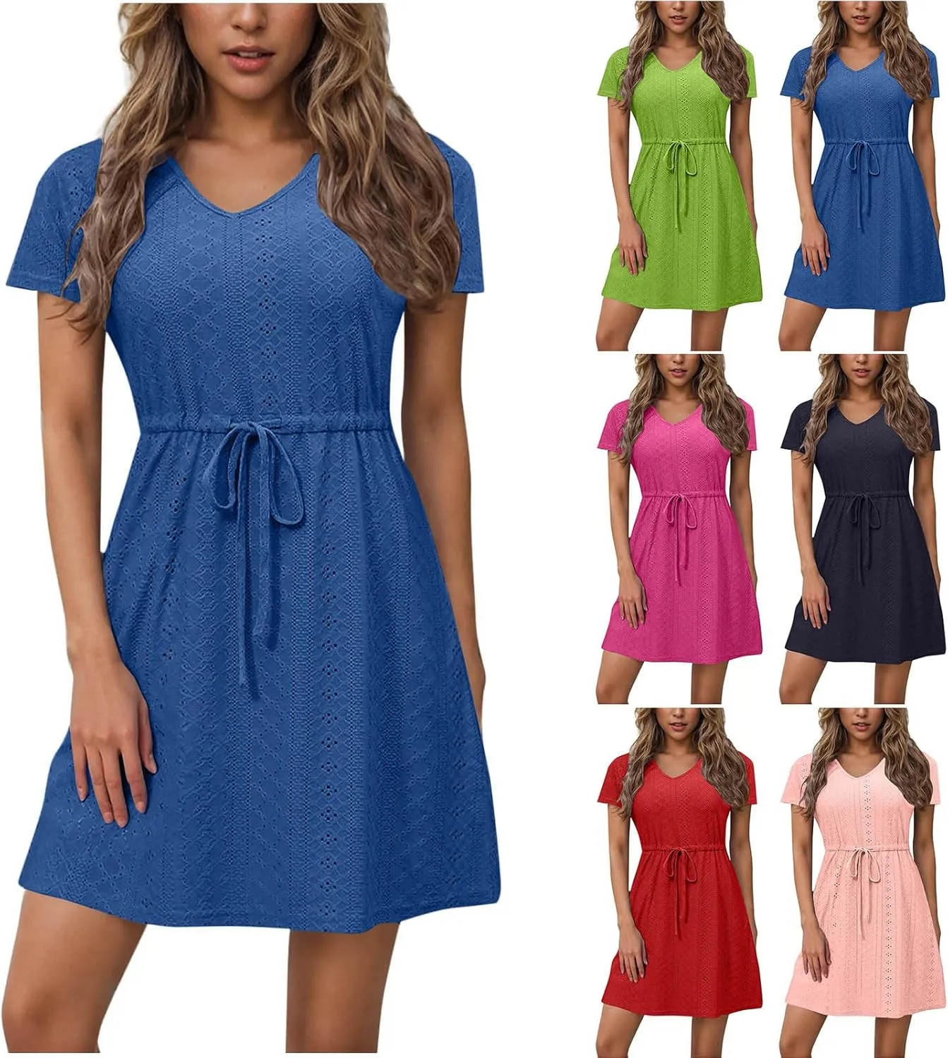 Sun Dresses for Women 2025 Vacation Casual Summer Short Sleeve Dress V-Neck Tie Waist Eyelet Beach Sundresses