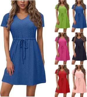Sun Dresses for Women 2025 Vacation Casual Summer Short Sleeve Dress V-Neck Tie Waist Eyelet Beach Sundresses