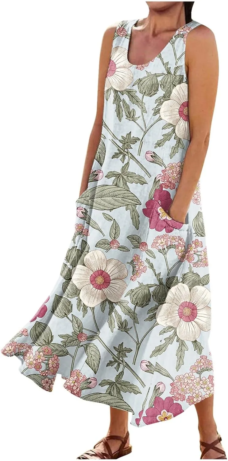 Sundress for Women 2025 Summer Sleeveless Print Dresses Flowy Casual Loose A Line Pleated Evening Dress with Pocket