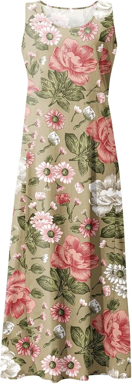 Sundress for Women 2025 Summer Sleeveless Print Dresses Flowy Casual Loose A Line Pleated Evening Dress with Pocket