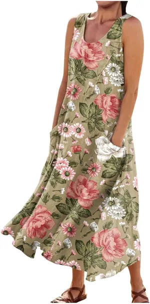 Sundress for Women 2025 Summer Sleeveless Print Dresses Flowy Casual Loose A Line Pleated Evening Dress with Pocket