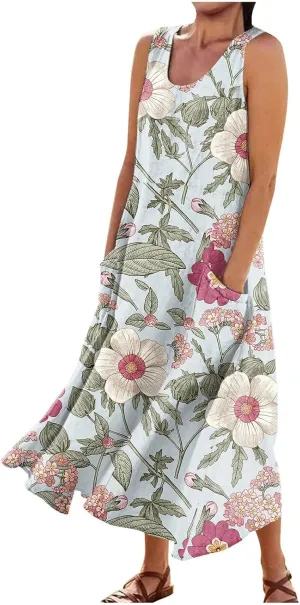 Sundress for Women 2025 Summer Sleeveless Print Dresses Flowy Casual Loose A Line Pleated Evening Dress with Pocket