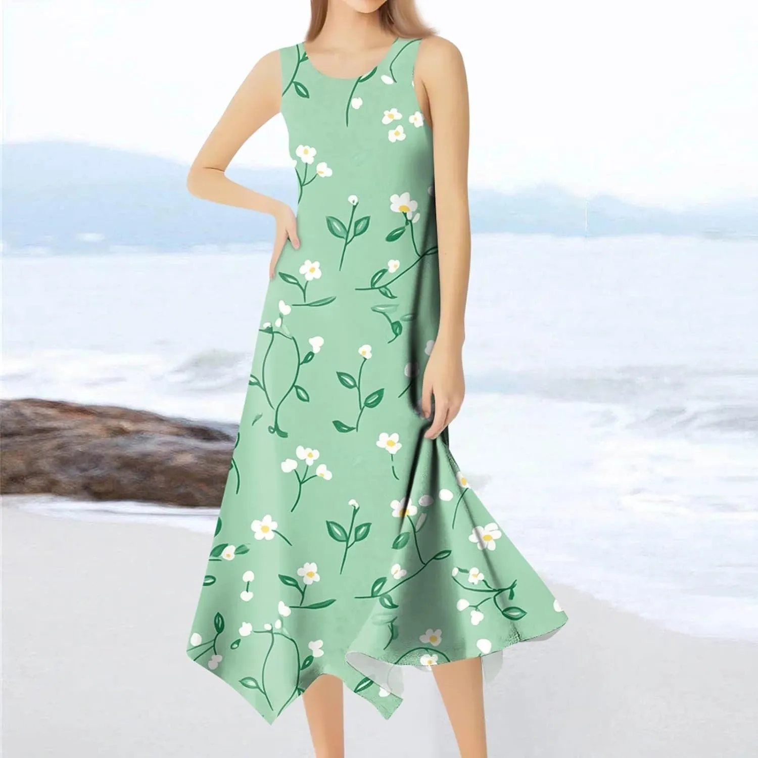 Sundresses for Women Boho Floral Beach Cover Up Midi Dresses Summer Vacation A Line Flowy Swing Sleeveless Dress