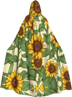 Sunflower Print Hooded Cloak Halloween Costume Adult Size with Dramatic Cloak for Cosplays,Witch Capes Black