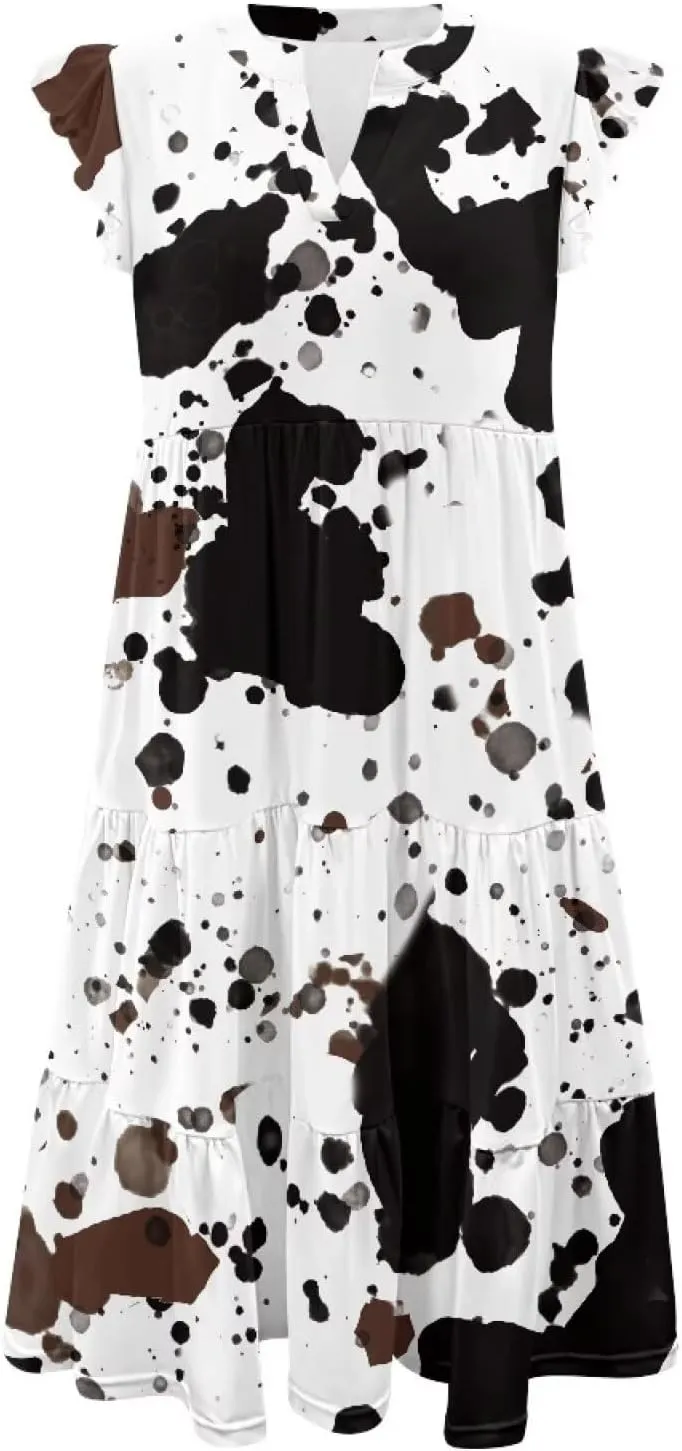 Swing Dress for Women Plus Size Summer Casual Loose V Neck Ruffle Cap Short Sleeve Tiered Midi Dress with Pockets