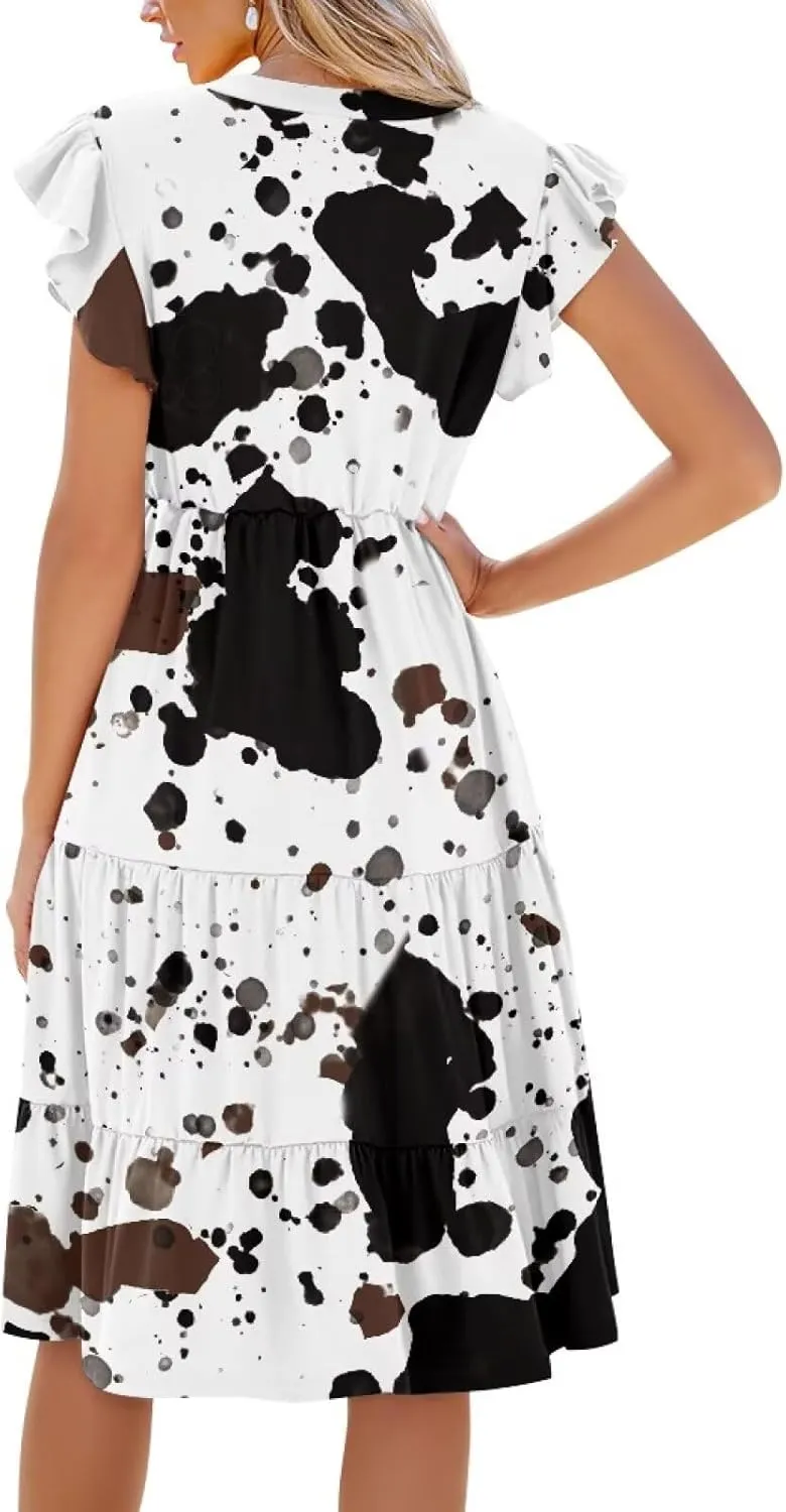 Swing Dress for Women Plus Size Summer Casual Loose V Neck Ruffle Cap Short Sleeve Tiered Midi Dress with Pockets