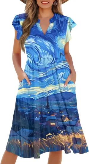 Swing Dress for Women Plus Size Summer Casual Loose V Neck Ruffle Cap Short Sleeve Tiered Midi Dress with Pockets