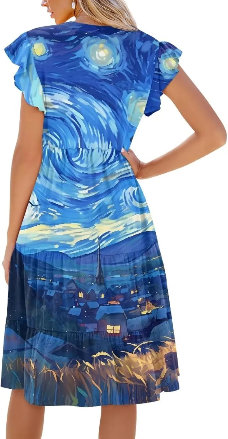 Swing Dress for Women Plus Size Summer Casual Loose V Neck Ruffle Cap Short Sleeve Tiered Midi Dress with Pockets