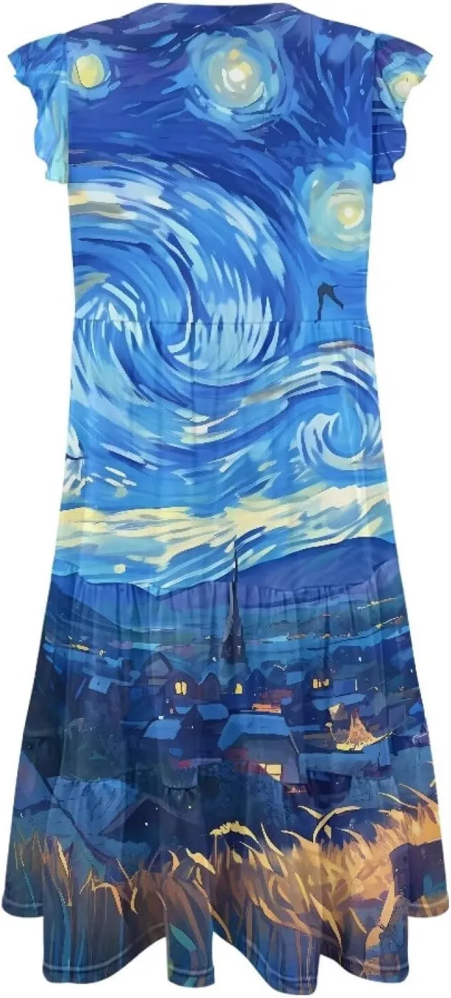 Swing Dress for Women Plus Size Summer Casual Loose V Neck Ruffle Cap Short Sleeve Tiered Midi Dress with Pockets
