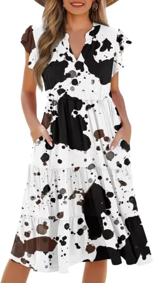 Swing Dress for Women Plus Size Summer Casual Loose V Neck Ruffle Cap Short Sleeve Tiered Midi Dress with Pockets