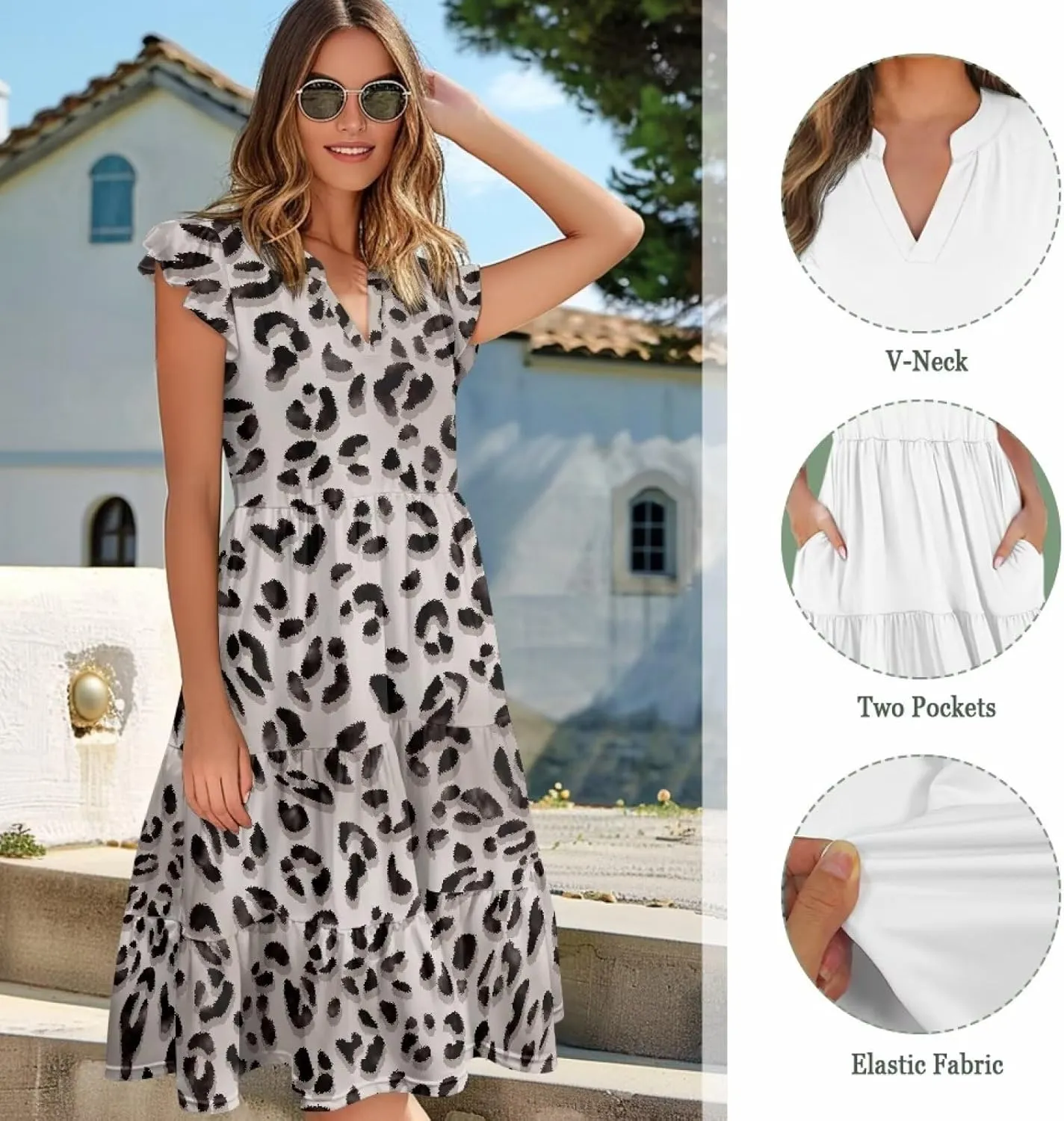 Swing Dress for Women Plus Size Summer Casual Loose V Neck Ruffle Cap Short Sleeve Tiered Midi Dress with Pockets