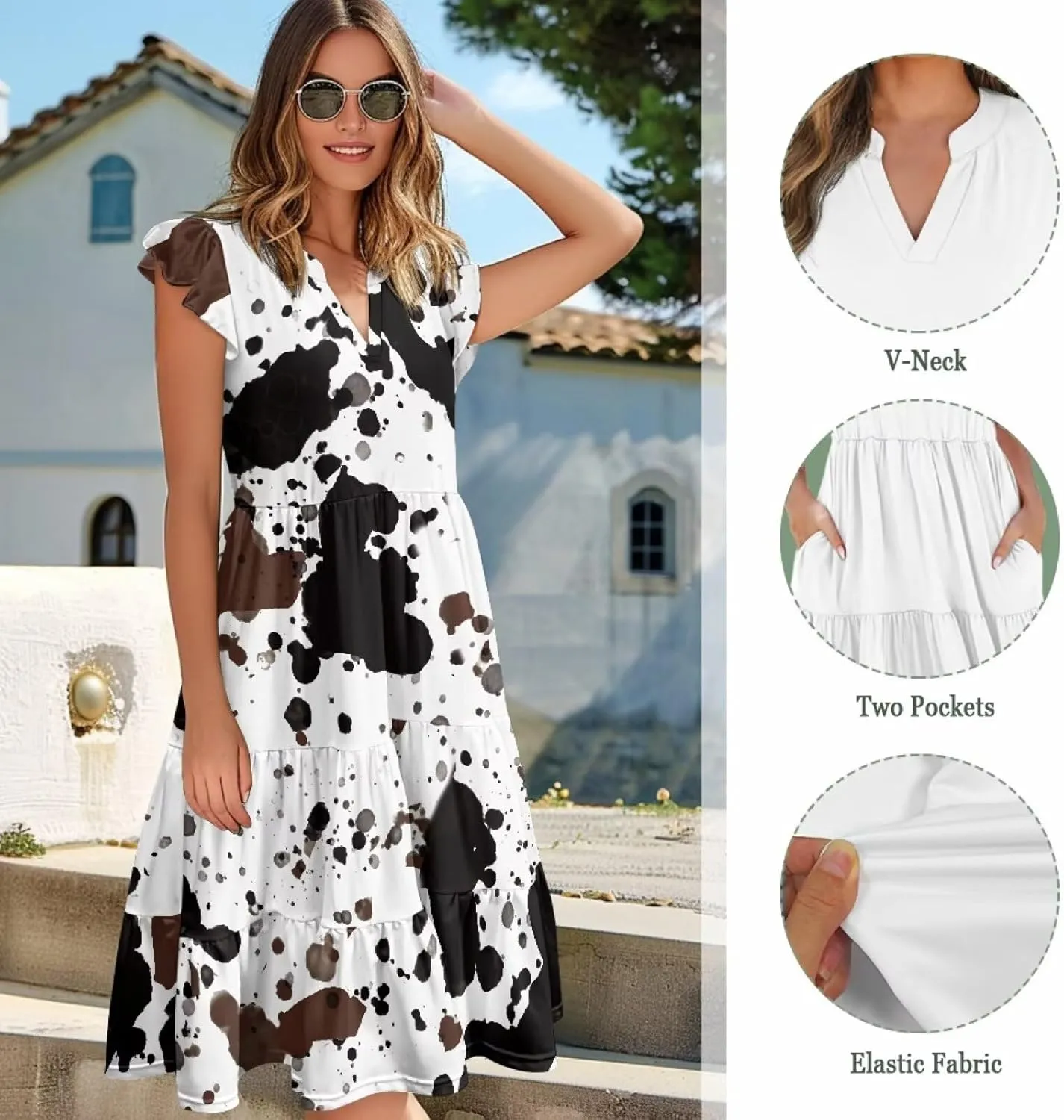 Swing Dress for Women Plus Size Summer Casual Loose V Neck Ruffle Cap Short Sleeve Tiered Midi Dress with Pockets
