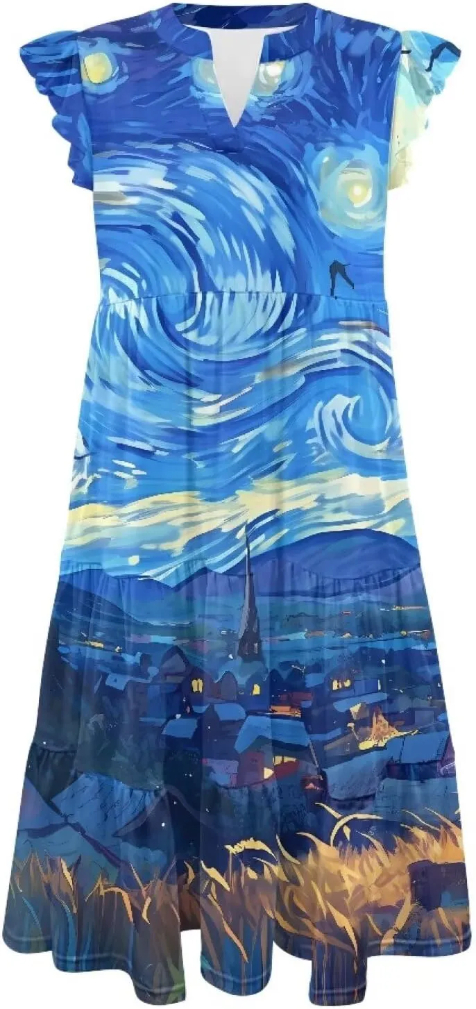 Swing Dress for Women Plus Size Summer Casual Loose V Neck Ruffle Cap Short Sleeve Tiered Midi Dress with Pockets