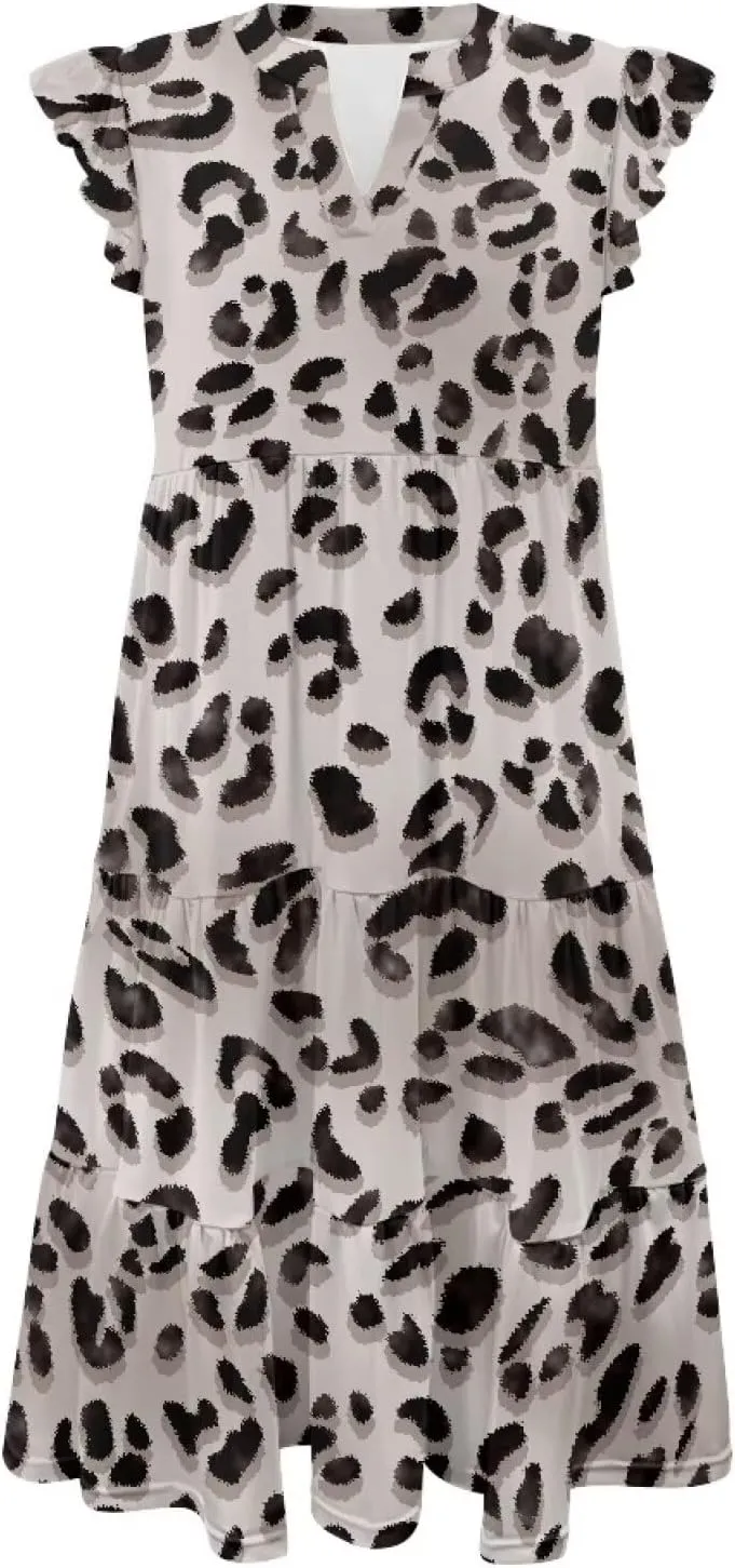 Swing Dress for Women Plus Size Summer Casual Loose V Neck Ruffle Cap Short Sleeve Tiered Midi Dress with Pockets
