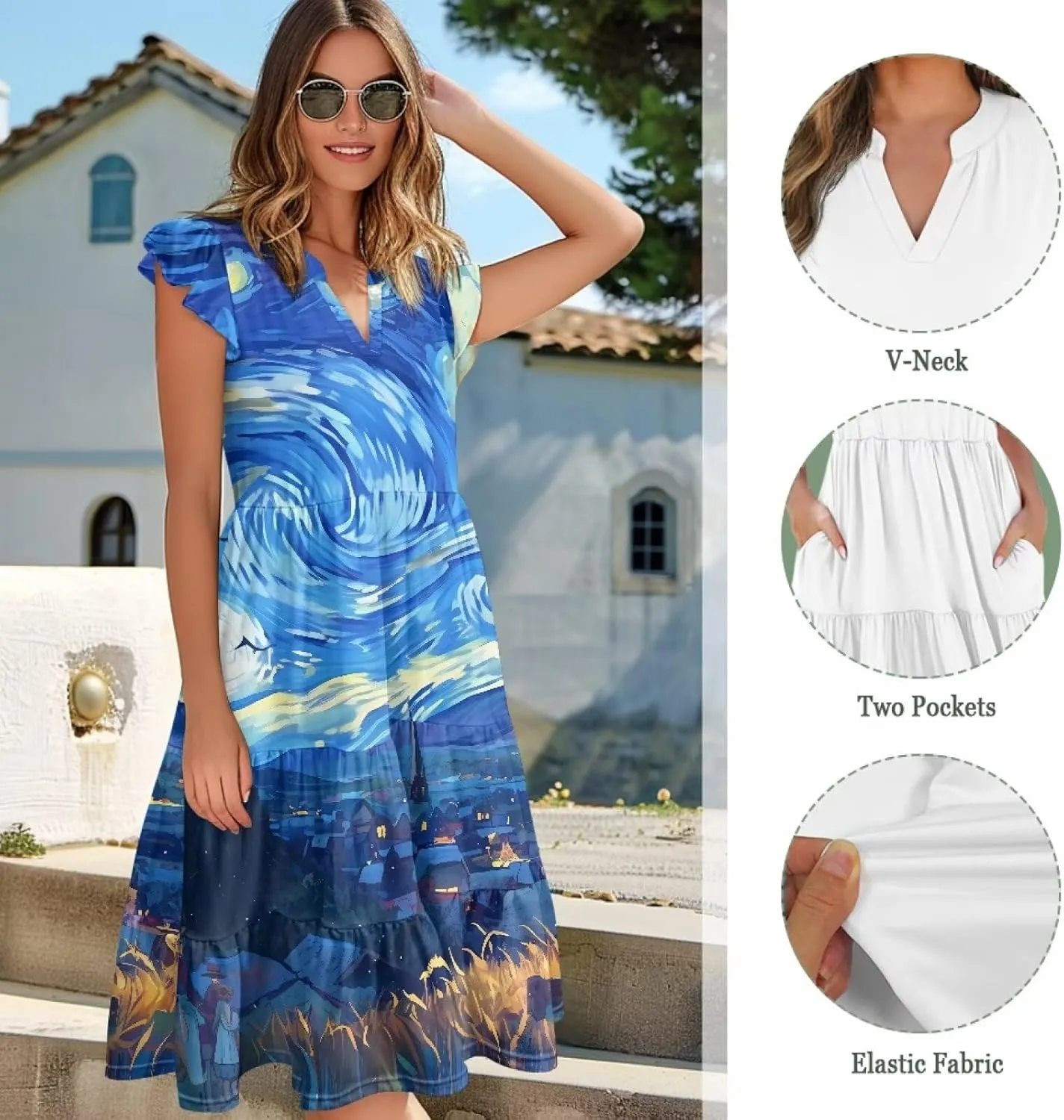Swing Dress for Women Plus Size Summer Casual Loose V Neck Ruffle Cap Short Sleeve Tiered Midi Dress with Pockets