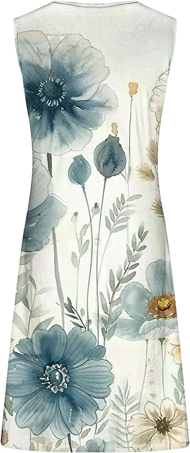 TANGNADE Summer Dresses for Women 2024 Trendy Boho Floral Print Beach Tank Dresses Casual Sleeveless Sundresses