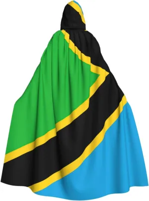 Tanzania Flag Print Hooded Cloak Halloween Costume Adult Size with Dramatic Cloak for Cosplays,Witch Capes Black