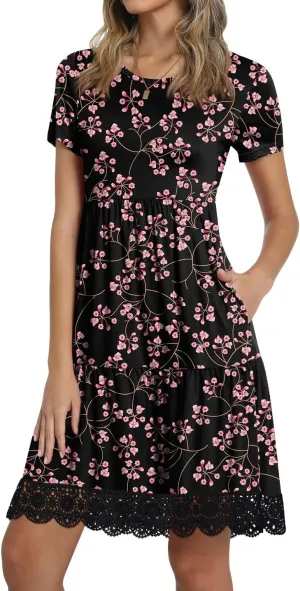 TAOHUADAO Women's Summer Casual Tshirt Dresses Short Sleeve Ruffle Swing Lace Hem Dress with Pockets