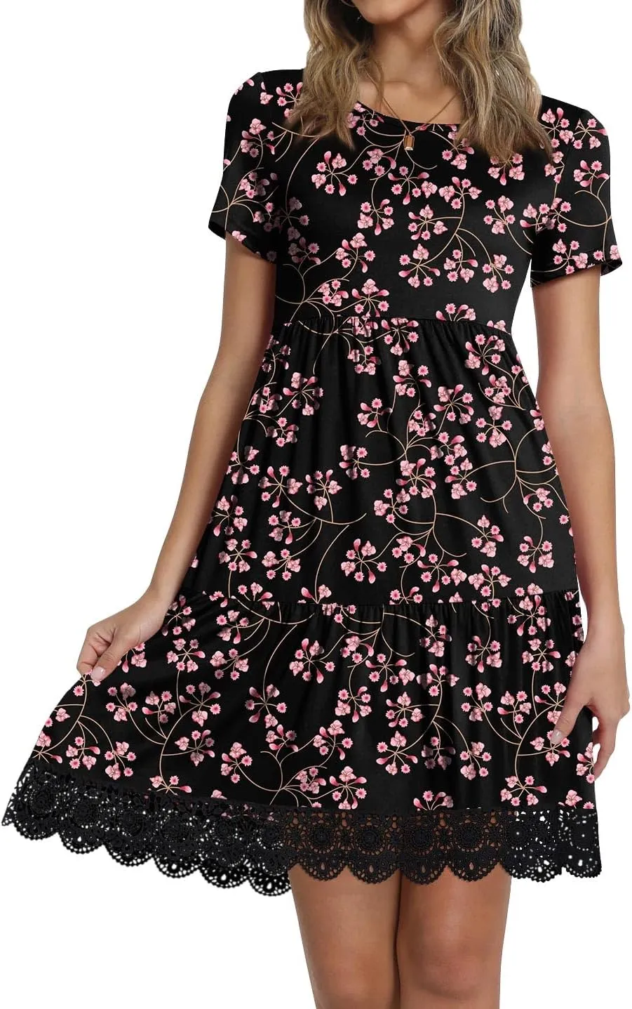 TAOHUADAO Women's Summer Casual Tshirt Dresses Short Sleeve Ruffle Swing Lace Hem Dress with Pockets