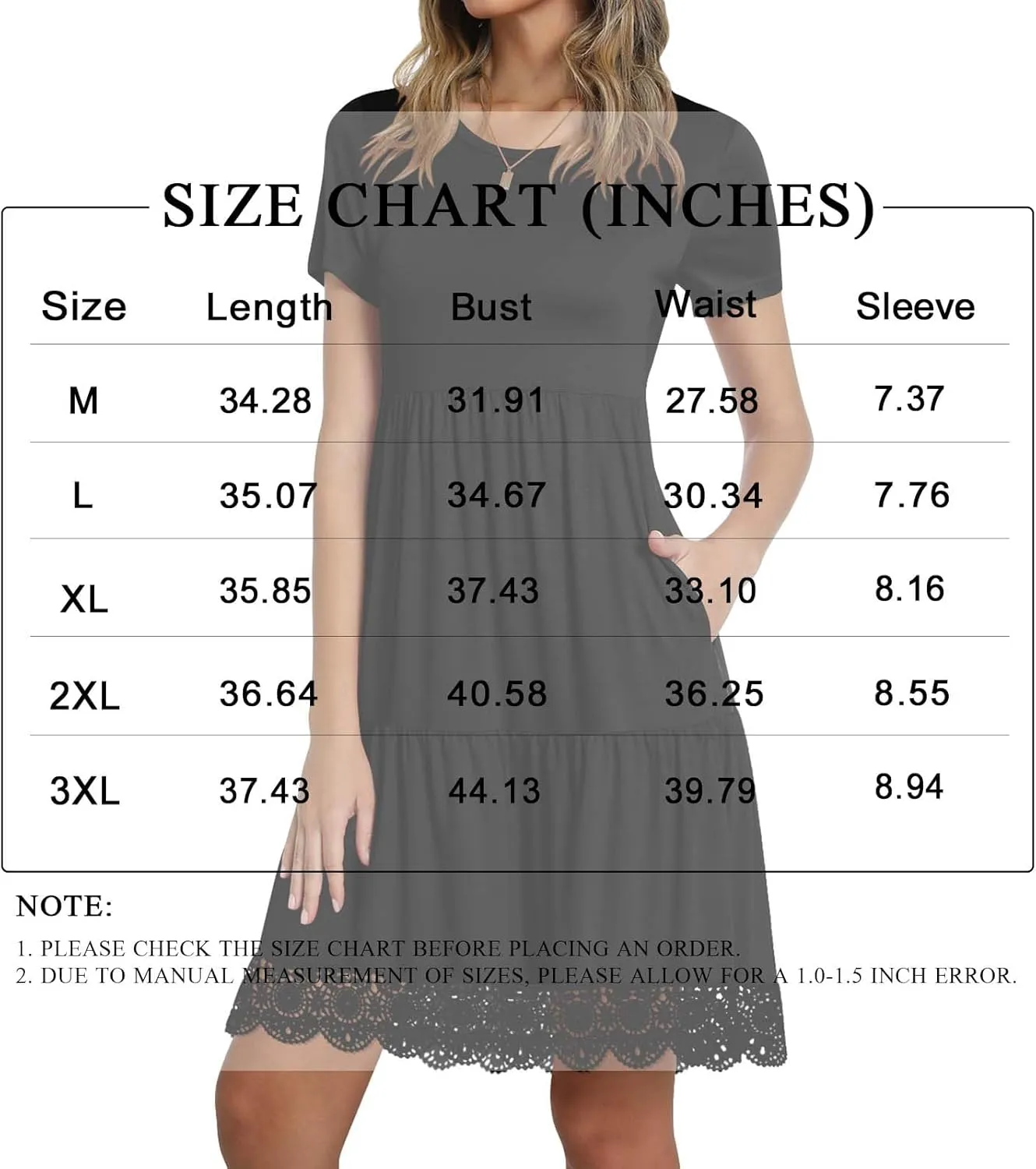 TAOHUADAO Women's Summer Casual Tshirt Dresses Short Sleeve Ruffle Swing Lace Hem Dress with Pockets