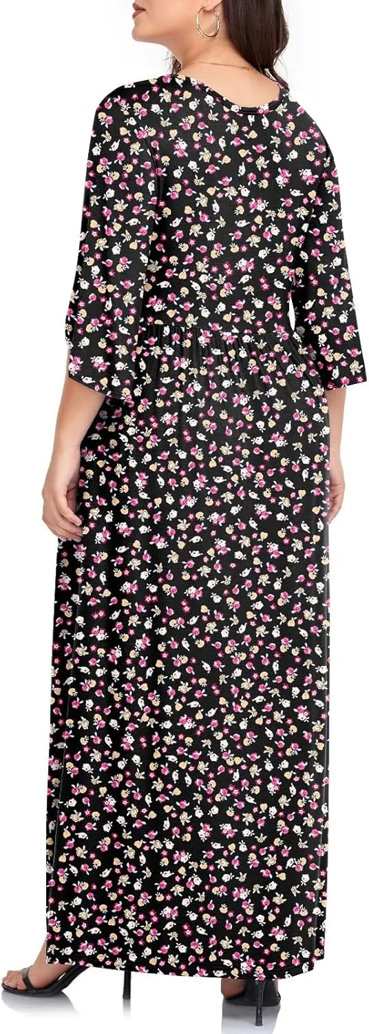 TAOHUADAO Women's Summer Plus Size Dresses Crewneck Ruffle 3/4 Sleeve Casual Maxi Dress