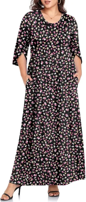 TAOHUADAO Women's Summer Plus Size Dresses Crewneck Ruffle 3/4 Sleeve Casual Maxi Dress