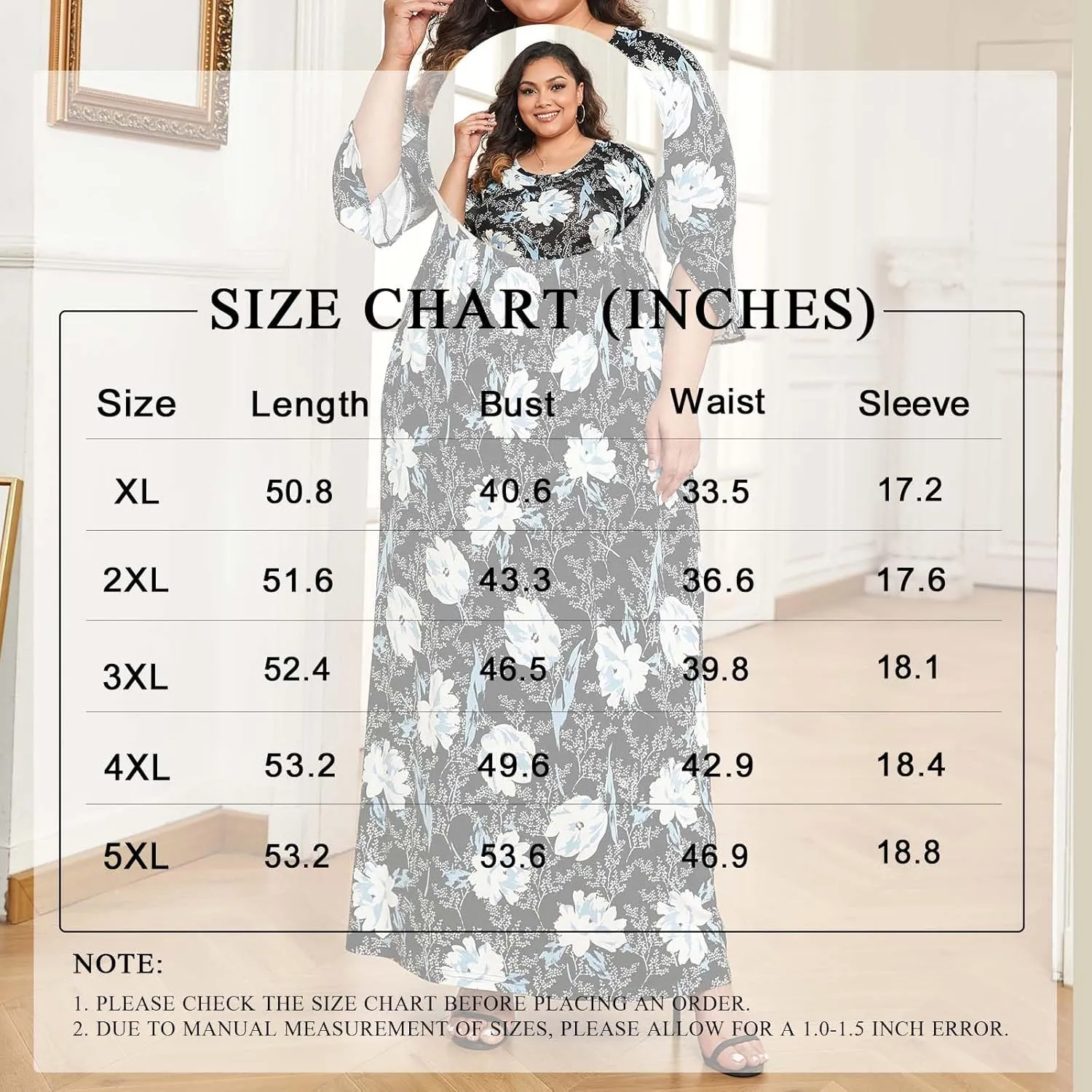 TAOHUADAO Women's Summer Plus Size Dresses Crewneck Ruffle 3/4 Sleeve Casual Maxi Dress