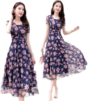 TFBGXLHQ Summer Beach Floral Dress O Neck Plus Size Midi Dress Navy XL