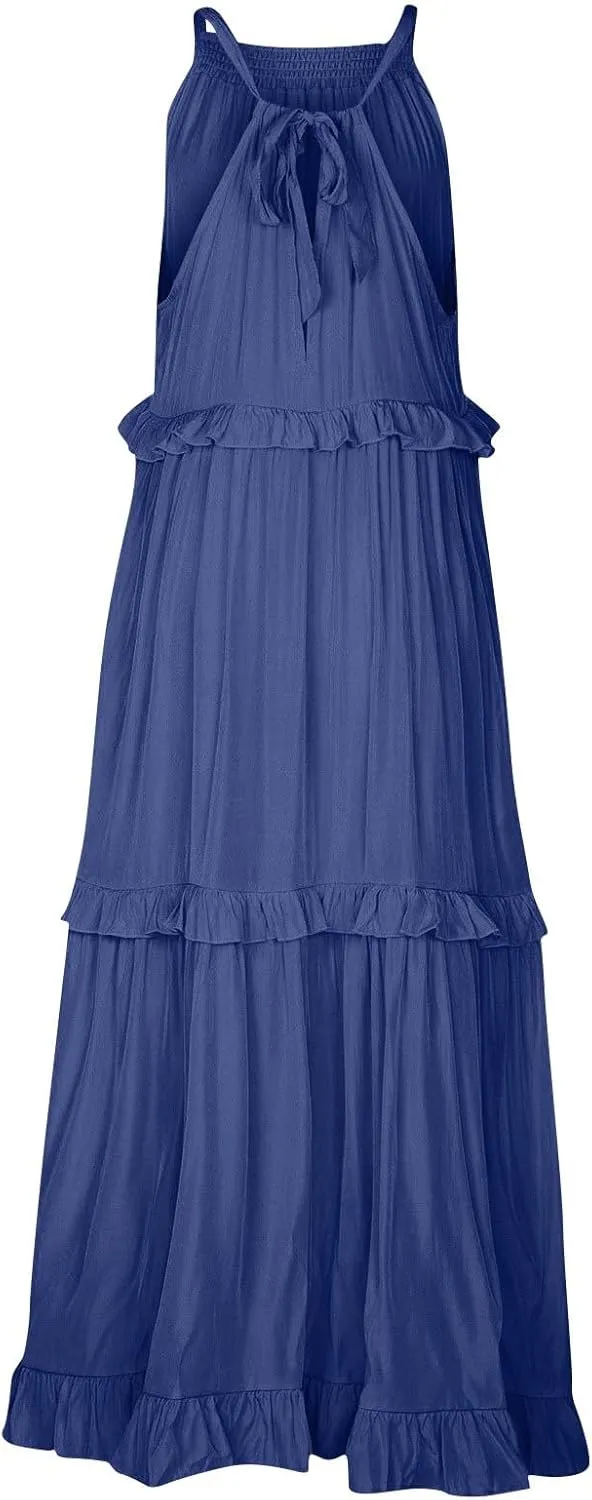 Tiered Halter Maxi Dresses for Women 2025 Elegant Pleated Long Flowy Dress Swing Sleeveless Ruffle Hem Beach Sundress