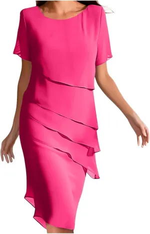 Tiered Layered Chiffon Flowy Swing Long Midi Dress Womens Elegant Short Sleeve Knee Length Wedding Guest Dresses