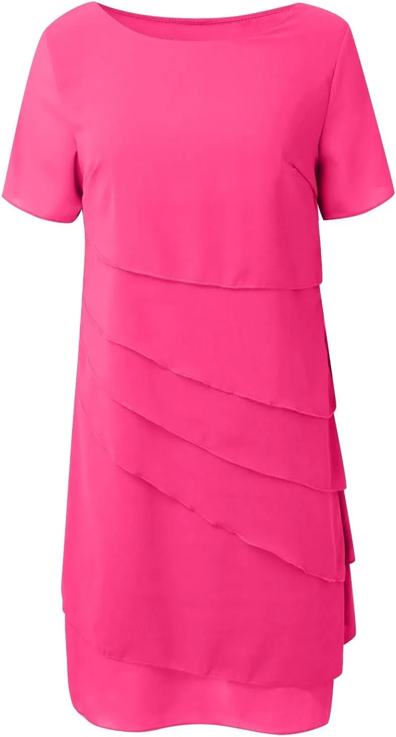 Tiered Layered Chiffon Flowy Swing Long Midi Dress Womens Elegant Short Sleeve Knee Length Wedding Guest Dresses