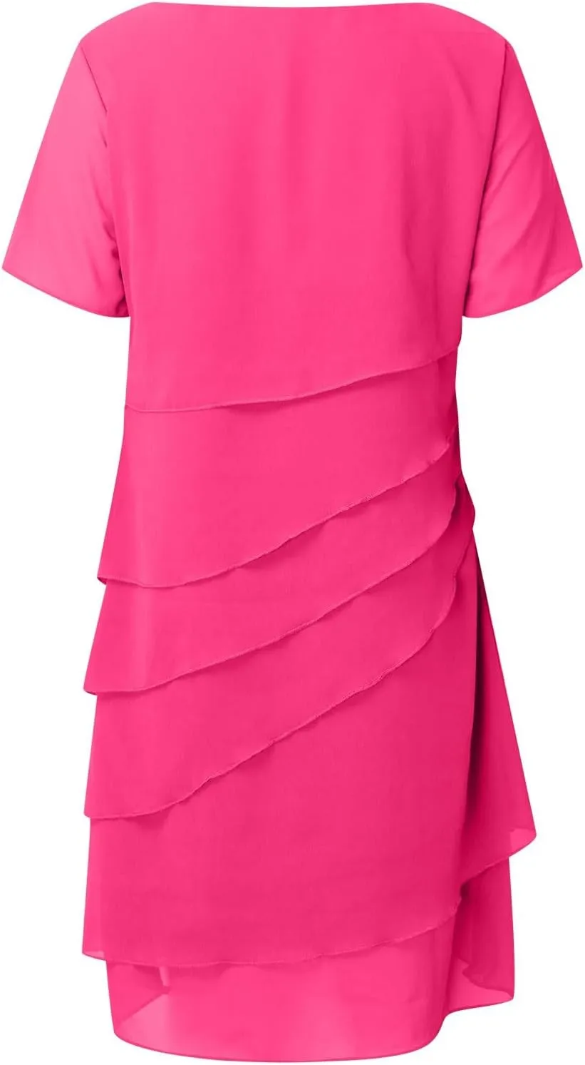Tiered Layered Chiffon Flowy Swing Long Midi Dress Womens Elegant Short Sleeve Knee Length Wedding Guest Dresses