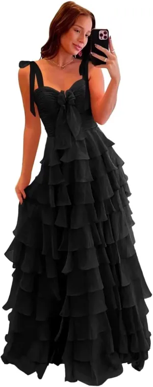 Tiered Prom Dresses with Slit for Women 2025 Spaghetti Straps A Line Long Pleated Chiffon Formal Ball Gowns with Bow