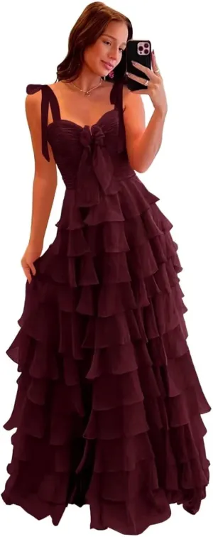 Tiered Prom Dresses with Slit for Women 2025 Spaghetti Straps A Line Long Pleated Chiffon Formal Ball Gowns with Bow