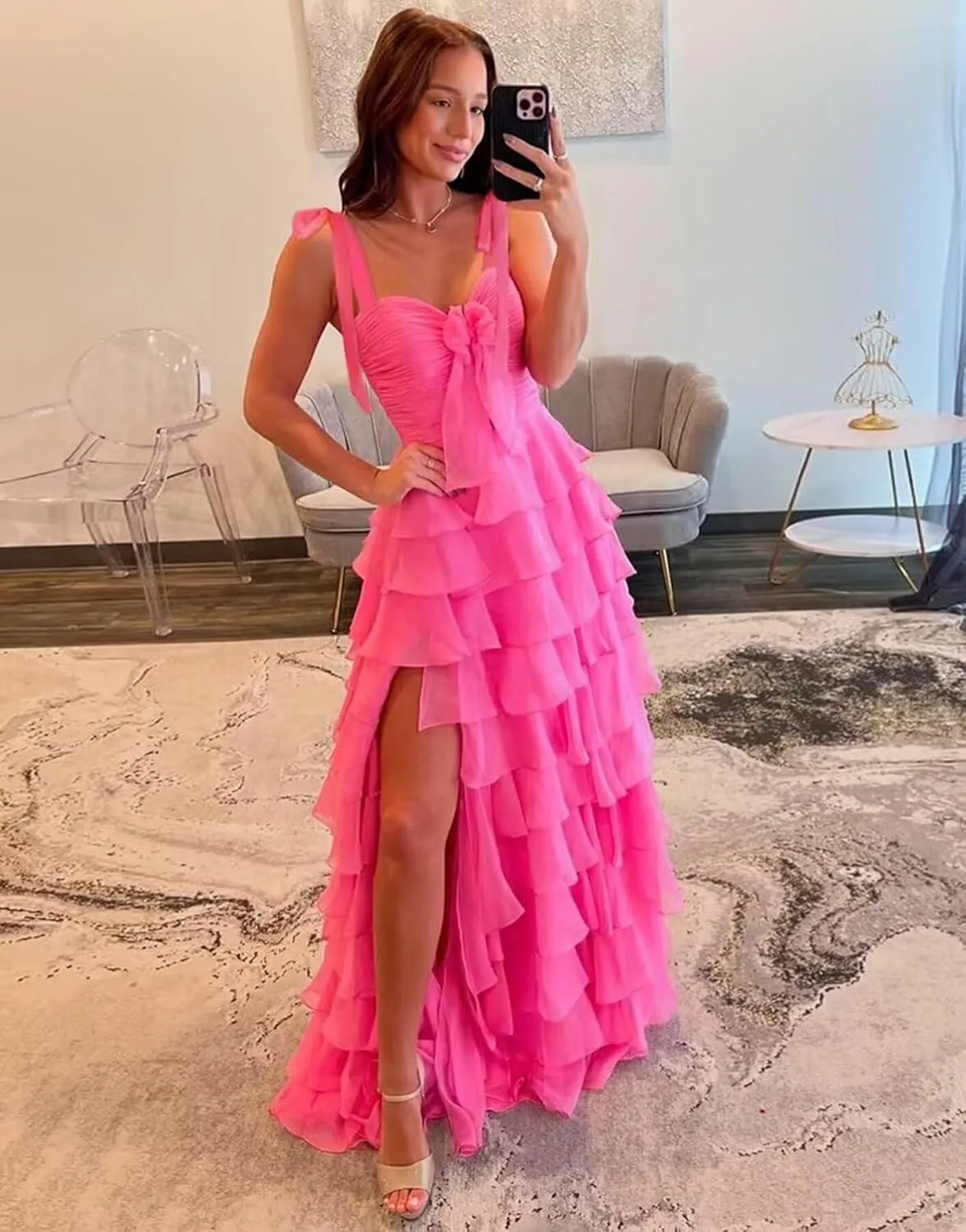 Tiered Prom Dresses with Slit for Women 2025 Spaghetti Straps A Line Long Pleated Chiffon Formal Ball Gowns with Bow