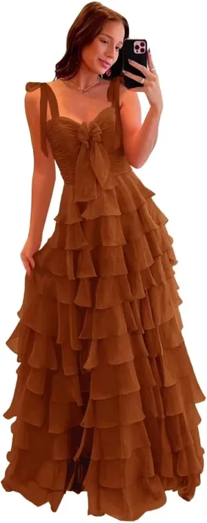 Tiered Prom Dresses with Slit for Women 2025 Spaghetti Straps A Line Long Pleated Chiffon Formal Ball Gowns with Bow