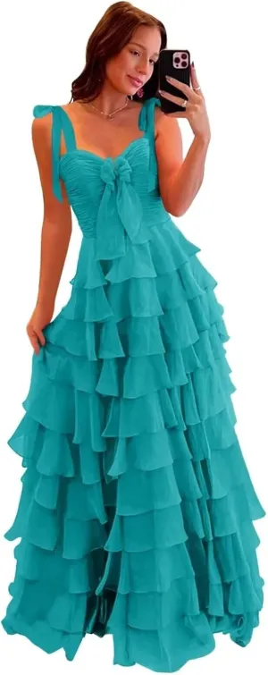 Tiered Prom Dresses with Slit for Women 2025 Spaghetti Straps A Line Long Pleated Chiffon Formal Ball Gowns with Bow