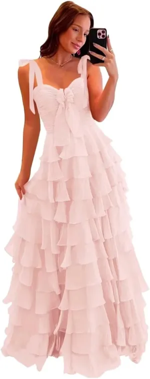 Tiered Prom Dresses with Slit for Women 2025 Spaghetti Straps A Line Long Pleated Chiffon Formal Ball Gowns with Bow