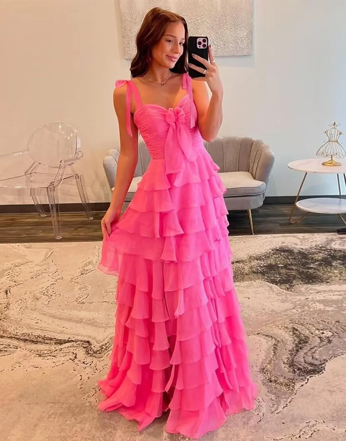 Tiered Prom Dresses with Slit for Women 2025 Spaghetti Straps A Line Long Pleated Chiffon Formal Ball Gowns with Bow