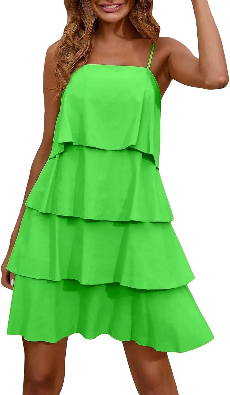 Tiered Ruffle Dress for Women Casual Summer Sleeveless Spaghetti Strap Mini Dress Flowy Layered Vacation Beach Dress